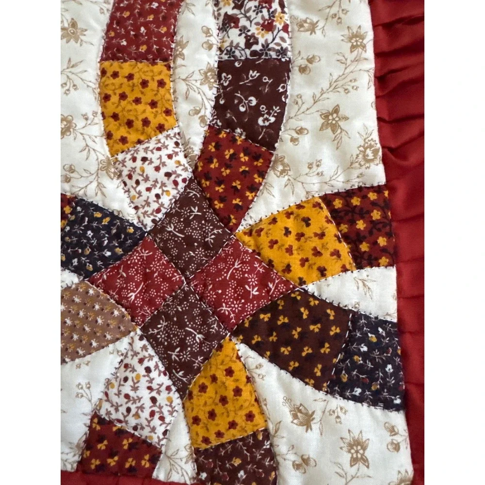 Quilted Double Wedding Ring Pillow Sham Ruffled Red Floral Patchwork 13x13